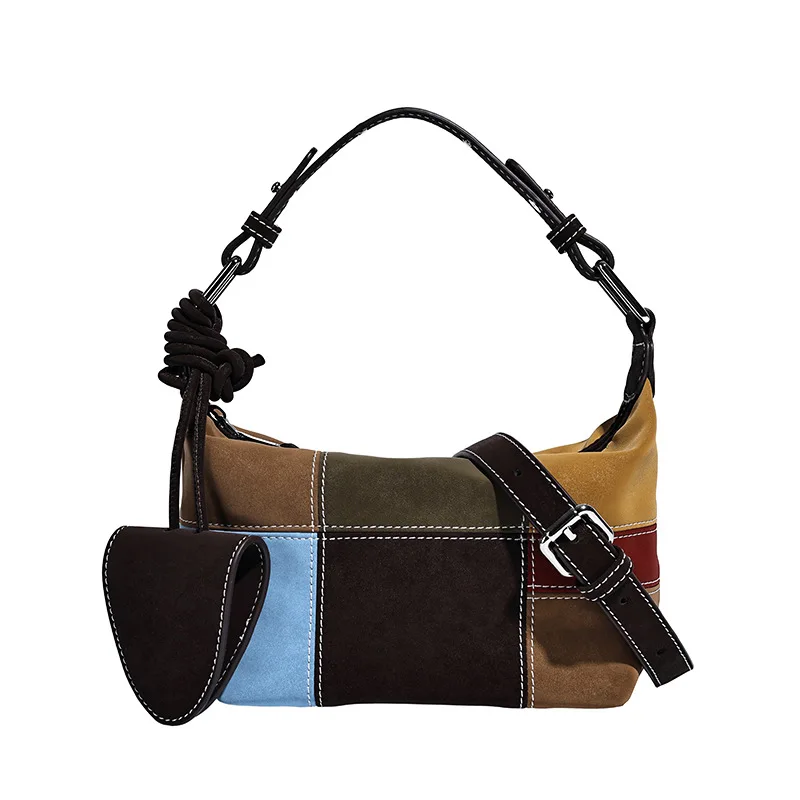 Faux Suede Mini Bags For Women Luxury Designer Handbags Purses 2025 New In Splicing Color Blocking With Eyeglasses Clip Shoulder