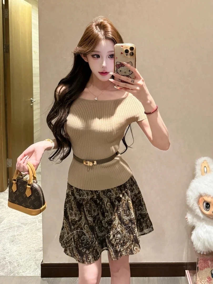 

Summer Holiday Knitted Short Sleeve One-Shoulder Top with Belt Vintage Print High Waist Midi Skirt Fashionable Two-Piece Set ...