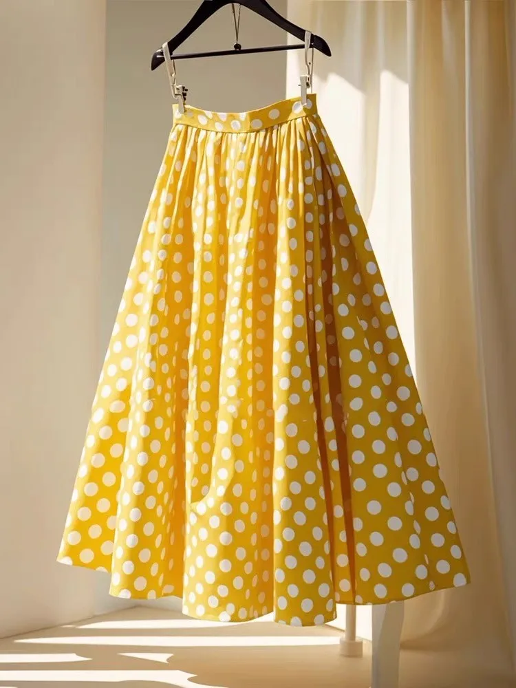 Yellow Polka Dot A-Line  Skirt Women's High Waist Slimming Summer Faion High Waist f-length Skirts Korean Sle
