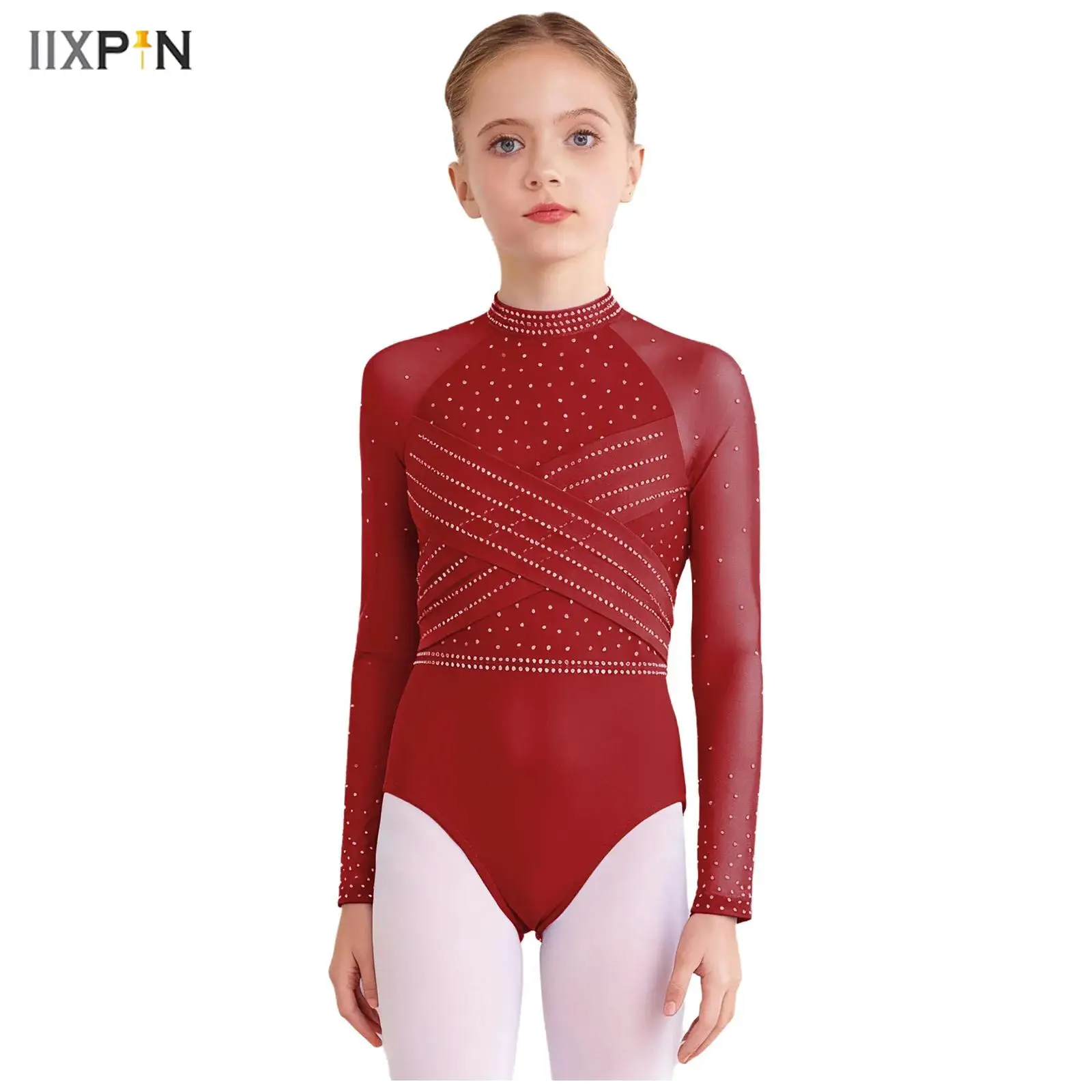 

Kids Girls Sparkling Rhinestones Gymnastics Leotard Sheer Mesh Long Sleeves Cross Front Cutout Back Bodysuit Ballet Dancewear