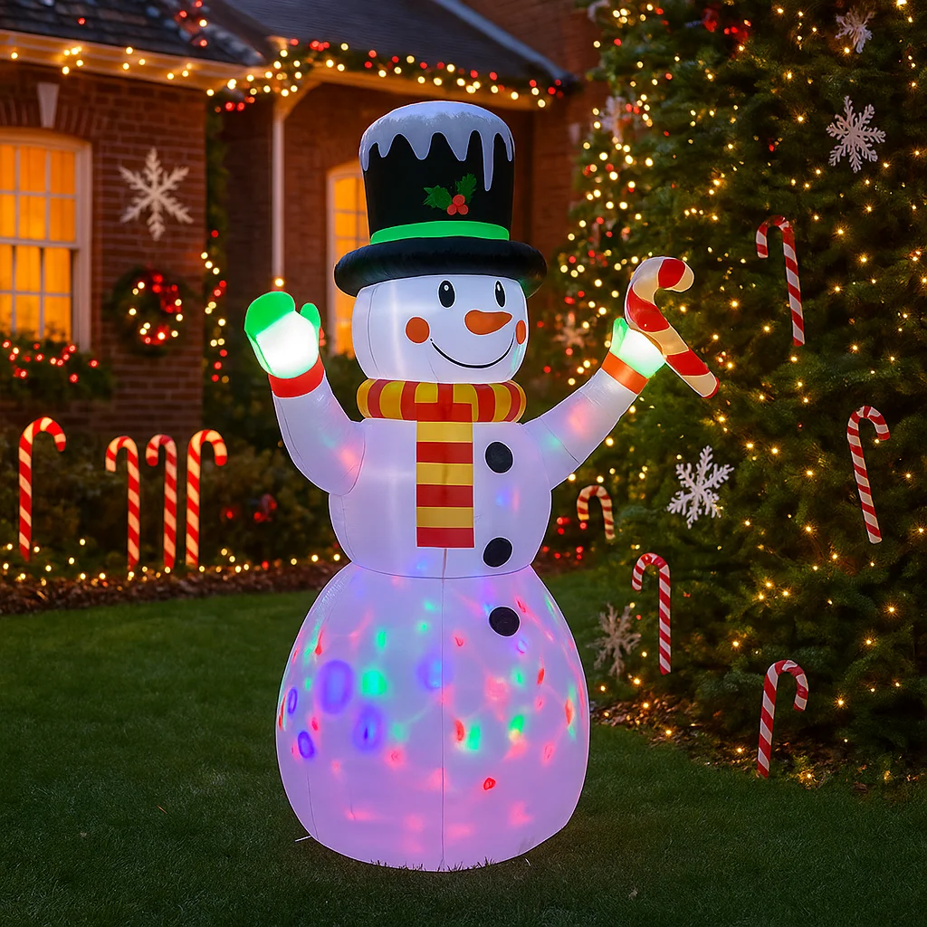 2.1M/6.8FT Inflatable Snowman with Candy Cane Lights LED Home Decorations Toys Yard Xmas Decor Supplies Holiday Outdoor Decor
