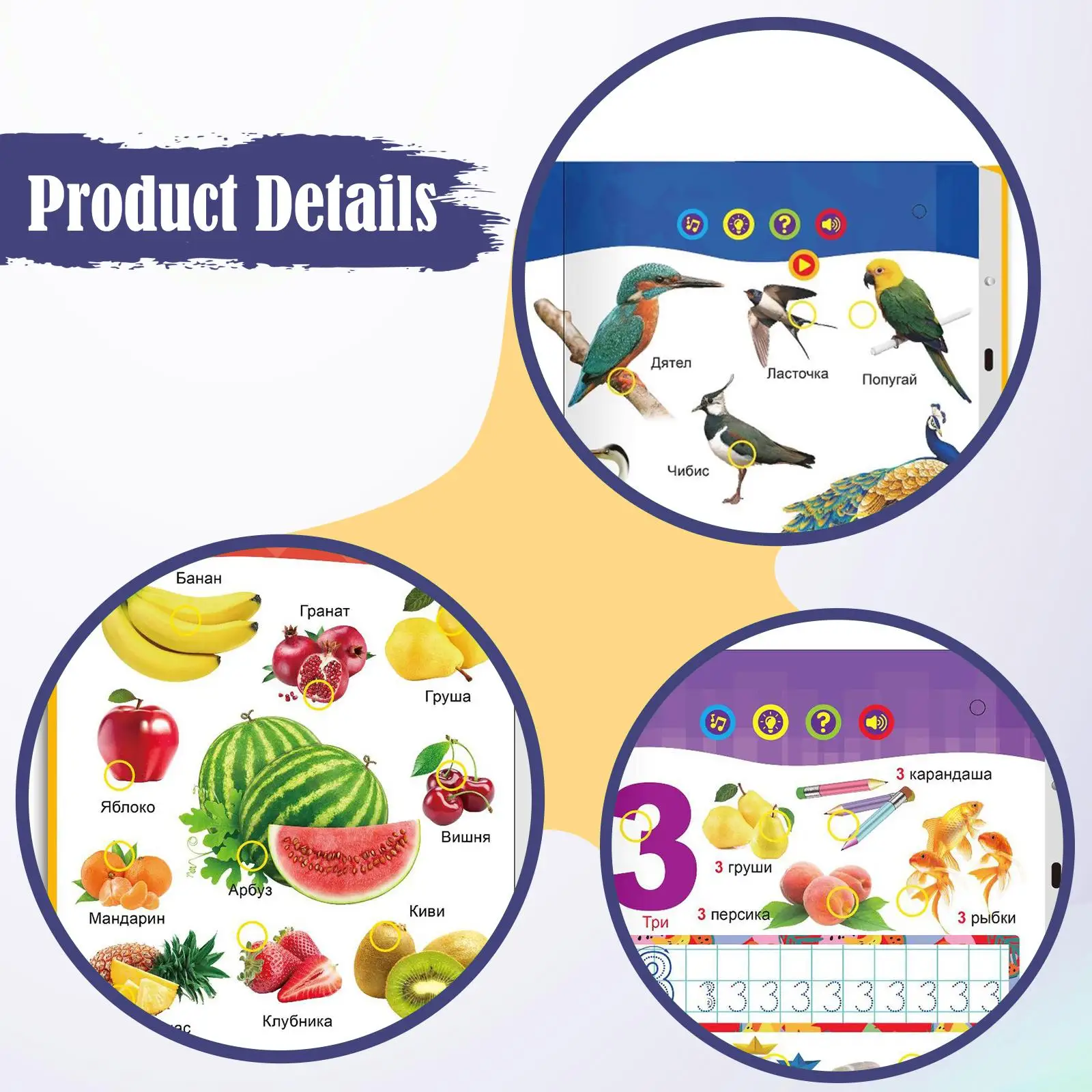 หนังสือเสียงคำศัพท์ภาษารัสเซีย, สำหรับการศึกษา, การเรียนรู้คำศัพท์, คำศัพท์ภาษาภาษารัสเซียสำหรับการเรียนรู้รูปทรง ตัวเลข ผลไม้ กีฬา