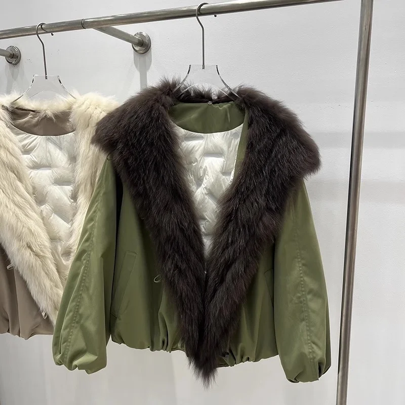 Parka de plumón de ganso blanco con cuello de piel de zorro para mujer, chaqueta gruesa y cálida a la moda, alta calidad, invierno, Y2k