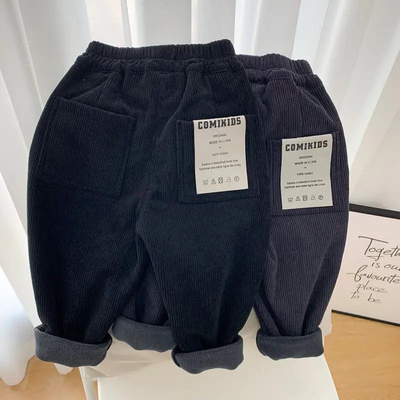 

2025 Winter New Children's Clothing Fleece Lined Corduroy Pants Elastic Waist Brand Letter Patch Boy Trousers