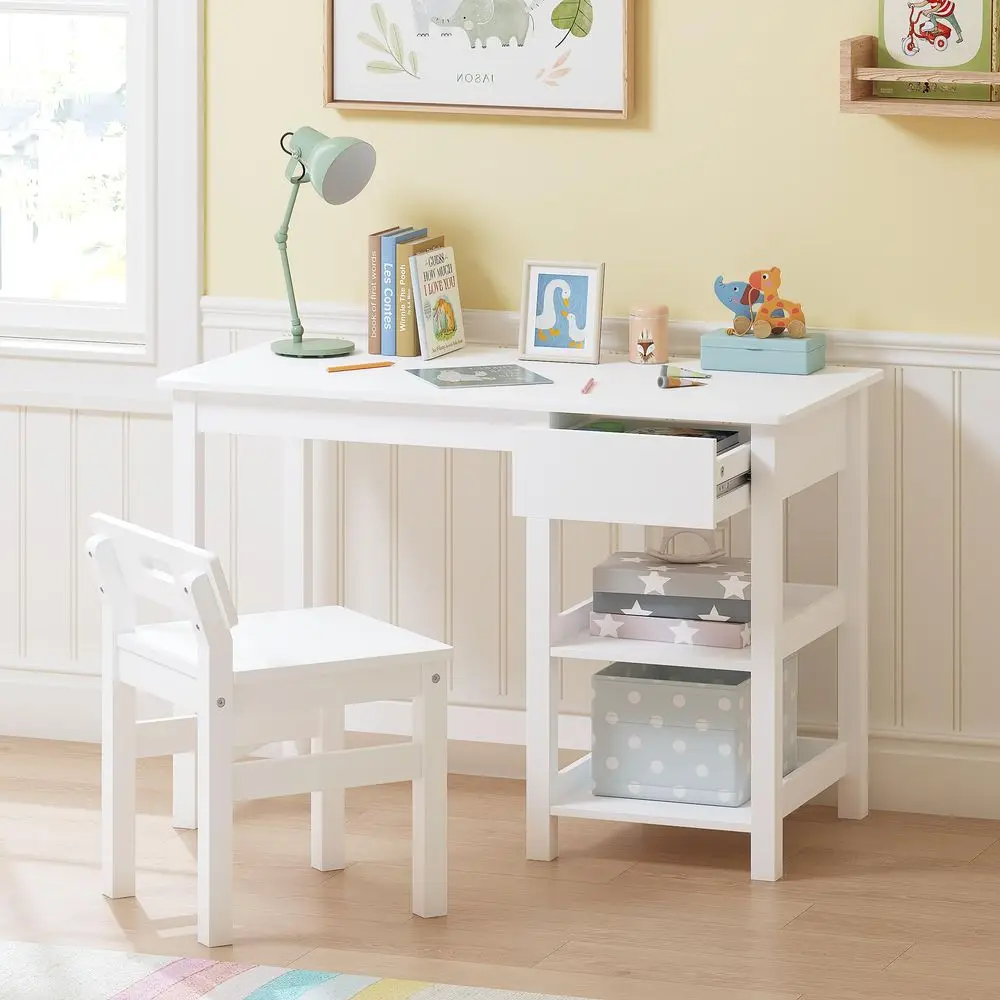 

Kids Desk and Chair Set, Kids Study Desk with Drawer and Shelves, Children Wooden Study Table for 38 Years Old, Student Writing