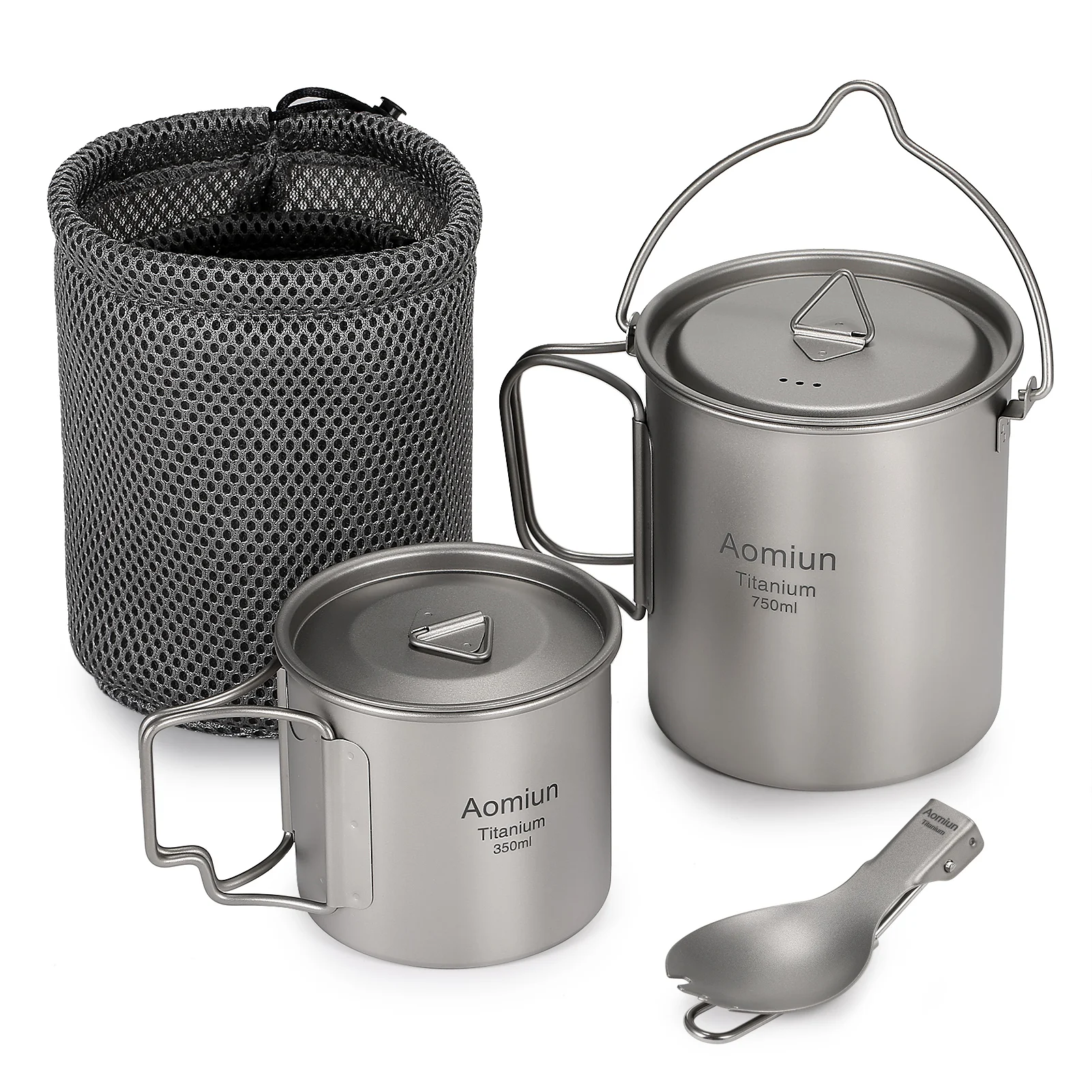 

Lightweight Titanium 3 Pieces Set Titanium 750ml Pot 450ml Water Cup Mug with Lid Collapsible Handle Folding Spork for Camping