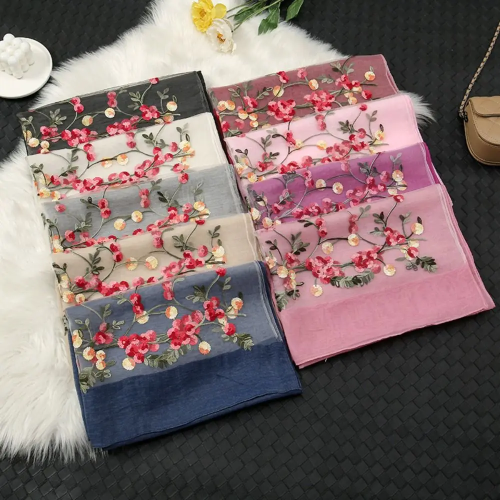 Embroidery Flower Women Scarf Fashion Thin Yarn Lightweight Spring Long Shawl Colorful Long Sunscreen Scarf