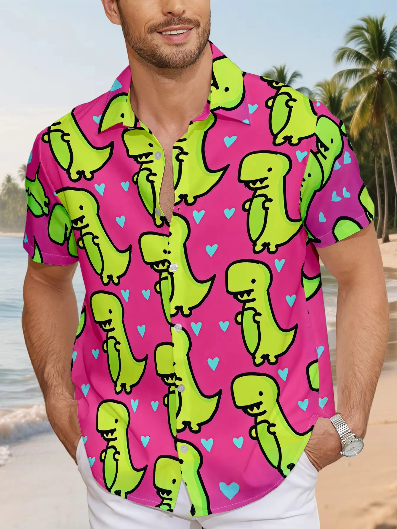 Men's Short Sleeve Shirt Cartoon Dinosaur Heart Print Lapel Button Down Vacation Casual Mens Clothing