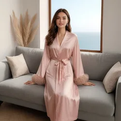 Satin Robe Sleepwear Lady Fashion Wedding Bride Dress Satin Nightwear Luxury Flower Mesh Patchwork Sleeve Kimono Nightgown