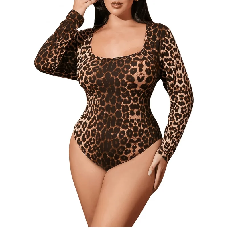 Women'S Plus-Size Long-Sleeve Bodysuit in Leopard Print