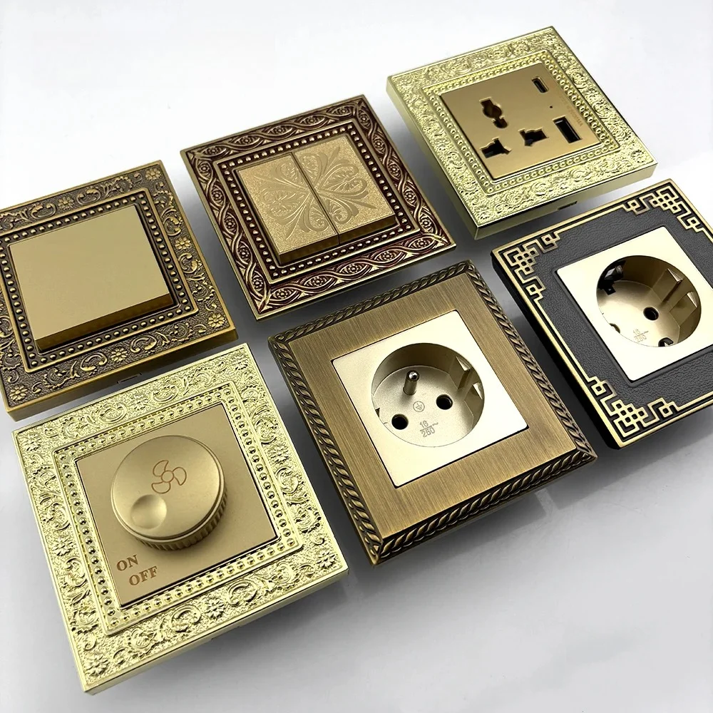 Retro Eu France UK Metal Zinc Alloy Wall Light Switch Socket,220V Electrical Wall Power Outlet Household Switch panel