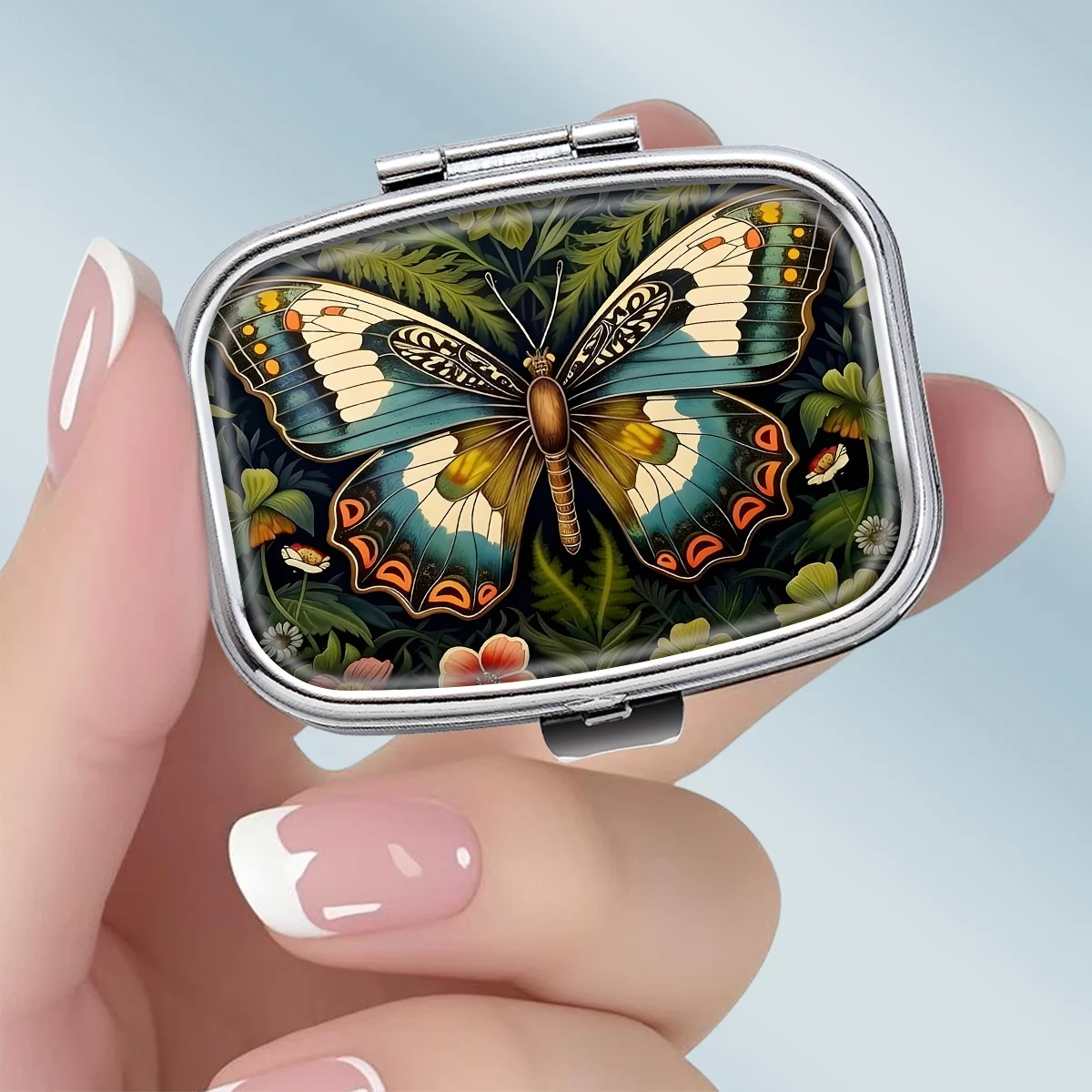 1PC Compact 2-Compartment Square Metal Pill Box, Vintage Forest Butterfly Design, Portable Decorative Vitamin Storage Box, or Unique Gift for Purse