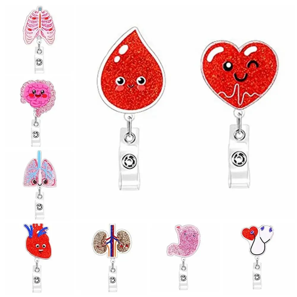 

Human Organs Retractable Badge Reel Alligator Clip 360 Rotating ID Badge Holder Lightweight Glitter Easy Pull Buckle Staff Card