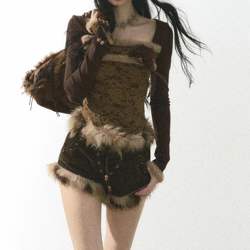 Punk Vintage American High Street Spliced Design Two Piece Sets Square Collar Long Sleeve Harajuku Tops Y2k Faux Fur Shorts