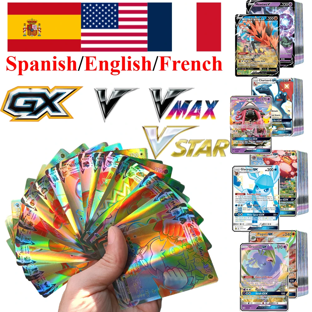 Cartes Pokemon TCG GX & VMAX, 100/200 pièces, Version anglaise, cartes à collectionner holographiques rares, pour collection de fans, cadeau d'anniversaire