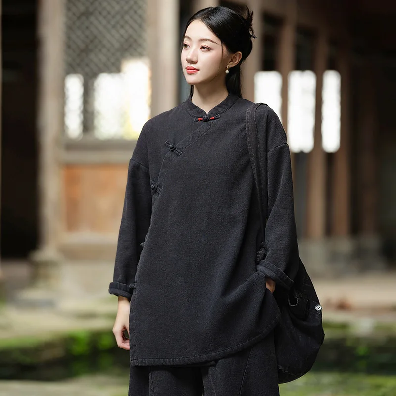 

Thiened Cotton Jaet with Stand Collar And Side Slits for Winter Vintage Linen Sle Button up Fce Lined Women's Coat