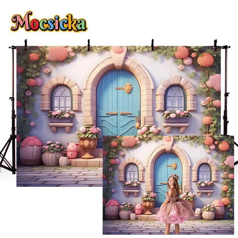 Mocsicka Spring Photography Backdrop Easter Party Eggs Floral Wooden Door Background Kids Happy Birthday Cake Smash Photo Props