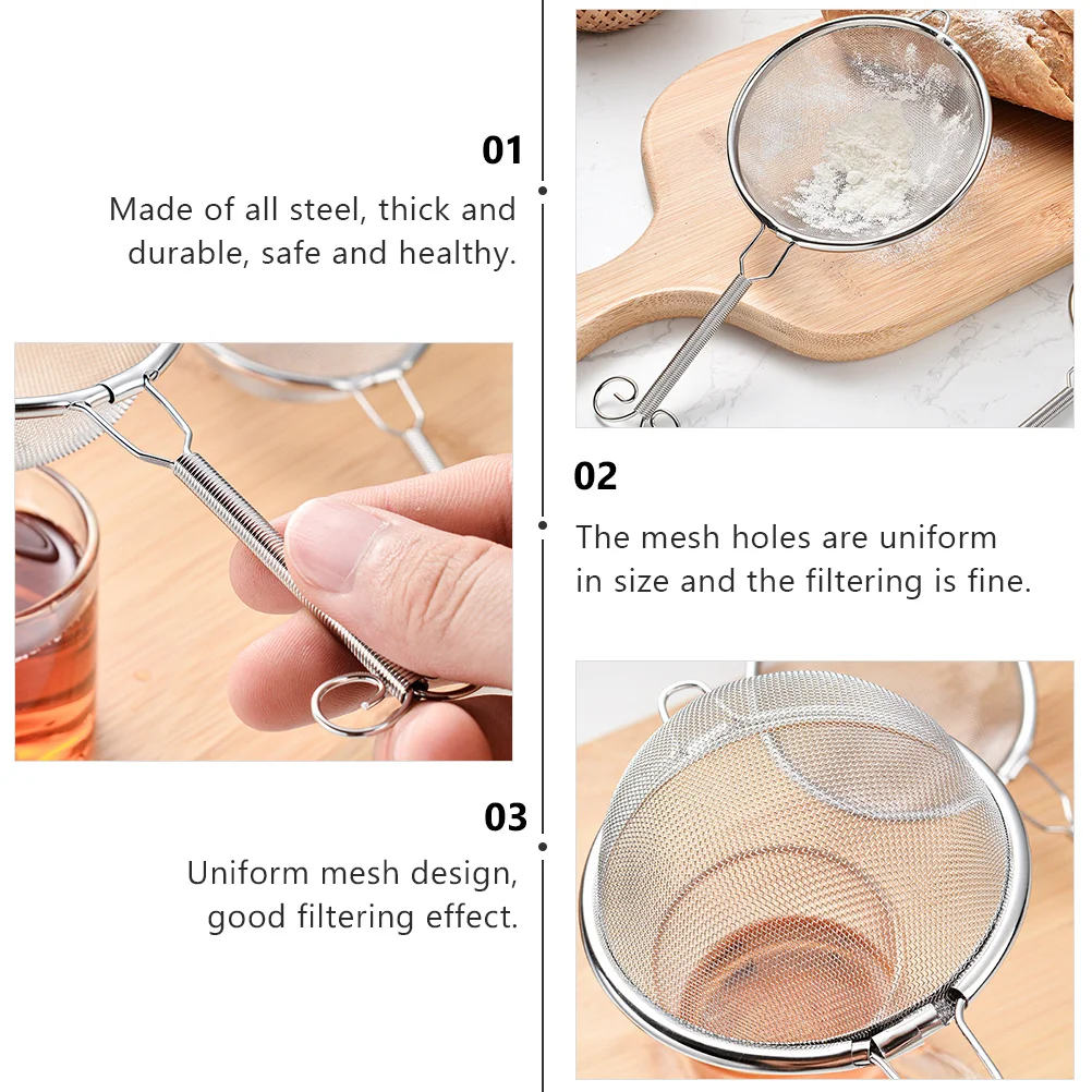 

4pcs Stainless Steel Tea Colander Food Grade Kitchen Mesh Handheld Filter Reinforced Handle Round Frame Fine Filtering