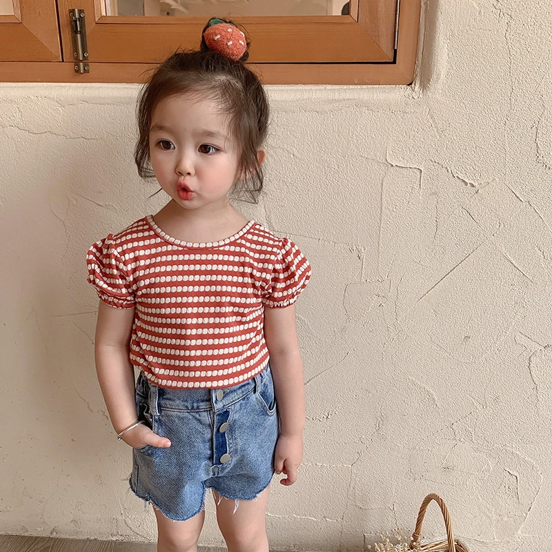 

Summer New Korean Style Baby Girls Striped T-shirts Bowknot Backless Puff Sleeve Tops Toddlers Kids Tees girl clothes