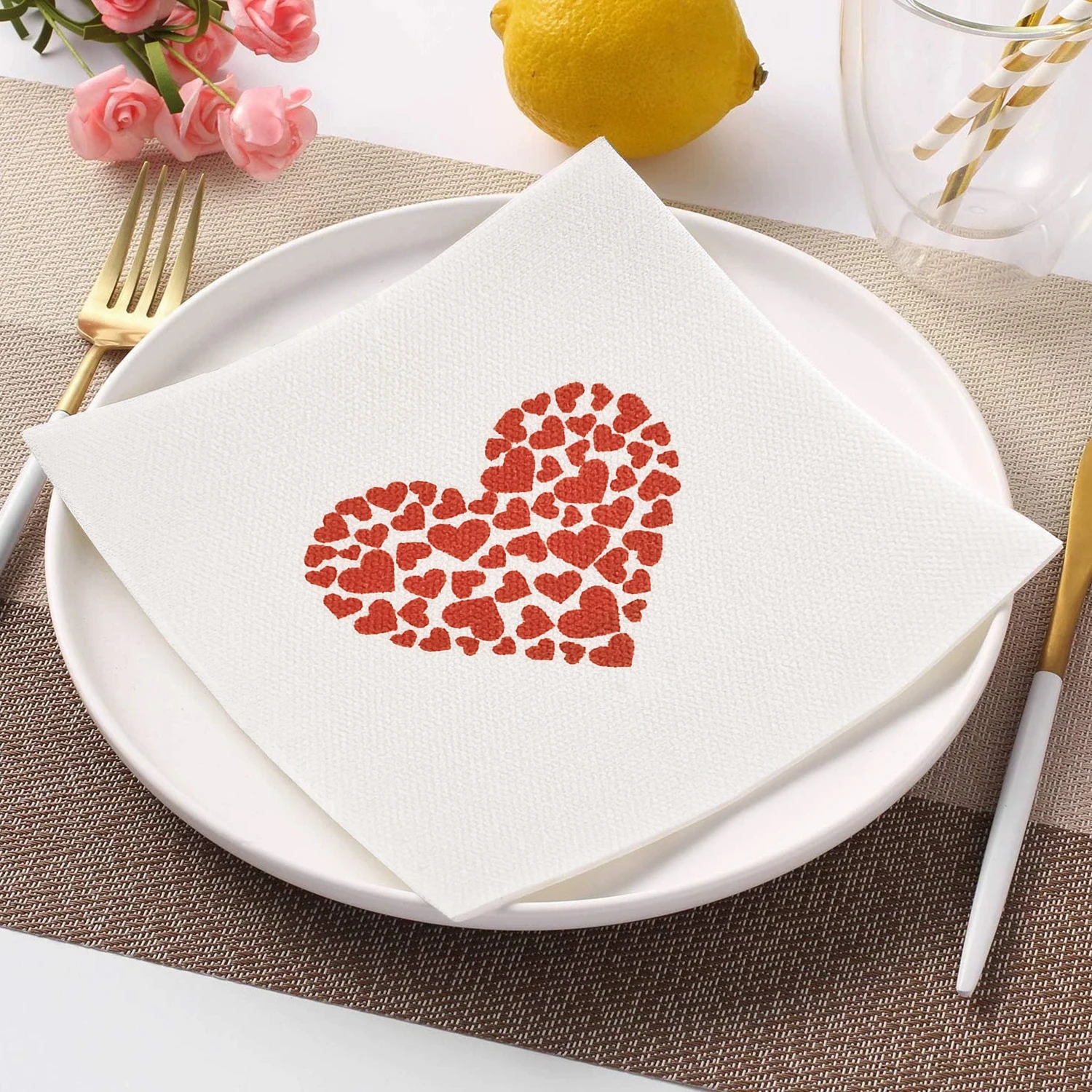 JINYUDOME Disposable Linen Feel Cocktail Napkins 7.87x7.87in Folded Square for Valentine's Day Wedding Party Cafe Bar