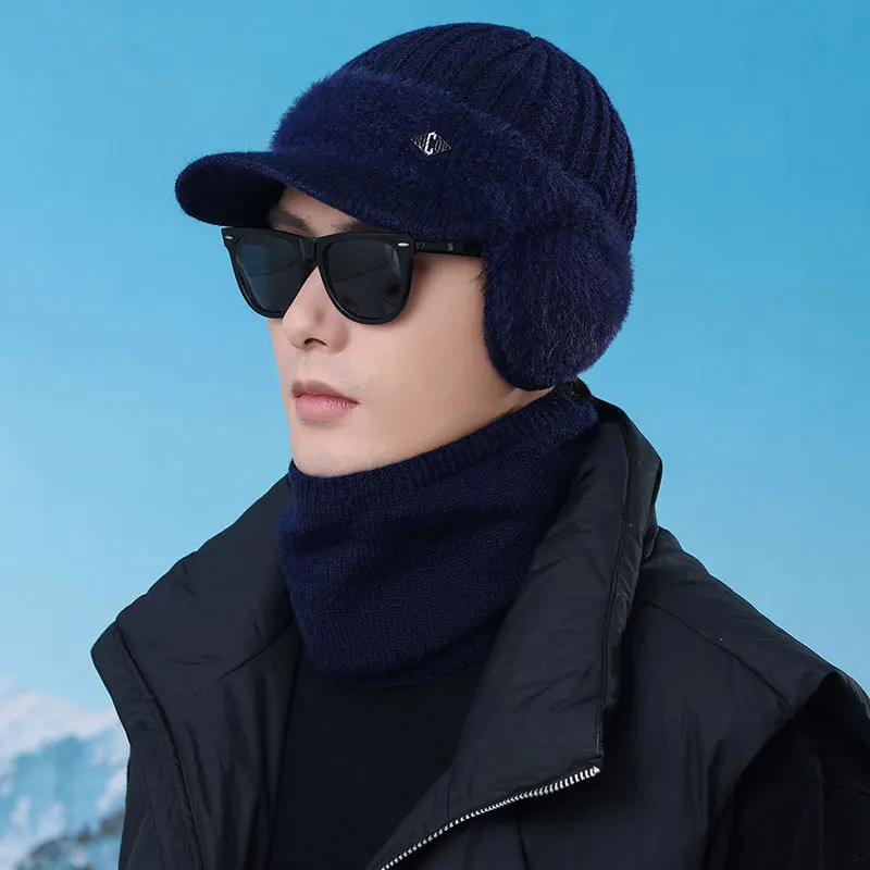 مجموعة قبعة ووشاح محبوكة للرجال - شتوية مبطنة بالمخمل ومقاومة للبرد للرياضات الخارجية وركوب الدراجات والمشي لمسافات طويلة وإكسسوارات ترفيهية مقاومة للرياح