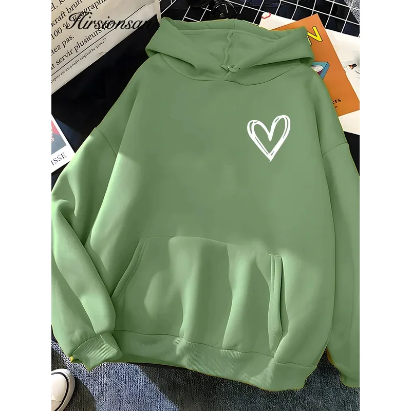 

Hirsionsan Simplic Heart Print Women Sweatshirt Soft Casual Loose Vintage Female Hoodies 2023 Winter Warm Fleece Student Tops