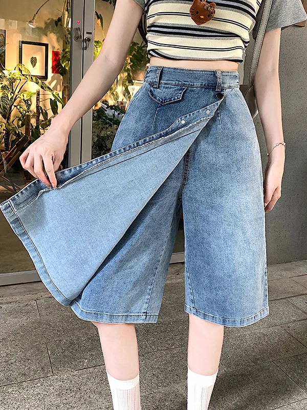 

Slimming Wide Leg Jeans High Waist Casual Style Summer Thin New Arrival plus Size Cotton Denim Skirt Pants Fake Two-Piece