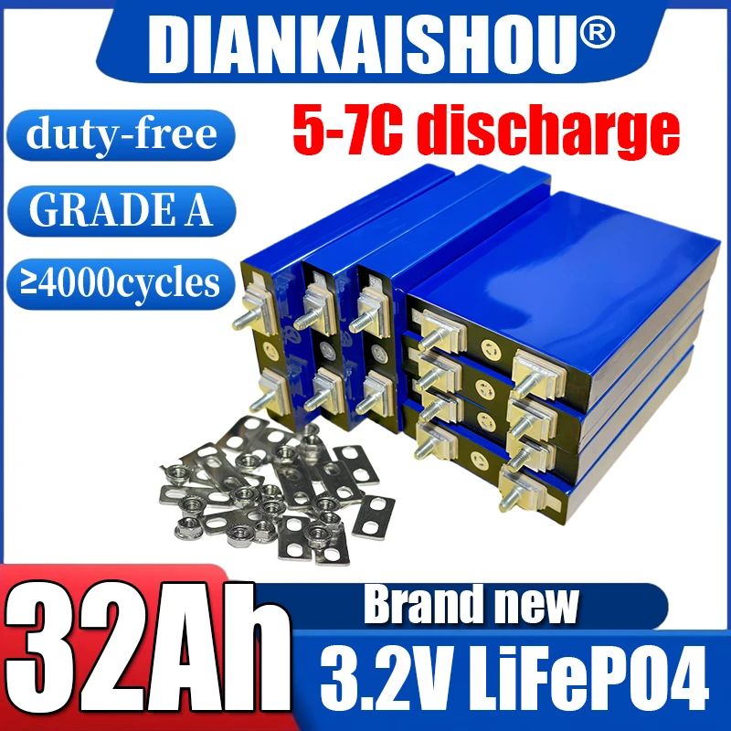 Аккумуляторная батарея LiFePO4 класса А, 3.2В, 32Ач, с медной пластиной и винтом M6, для накопления энергии в автодомах.