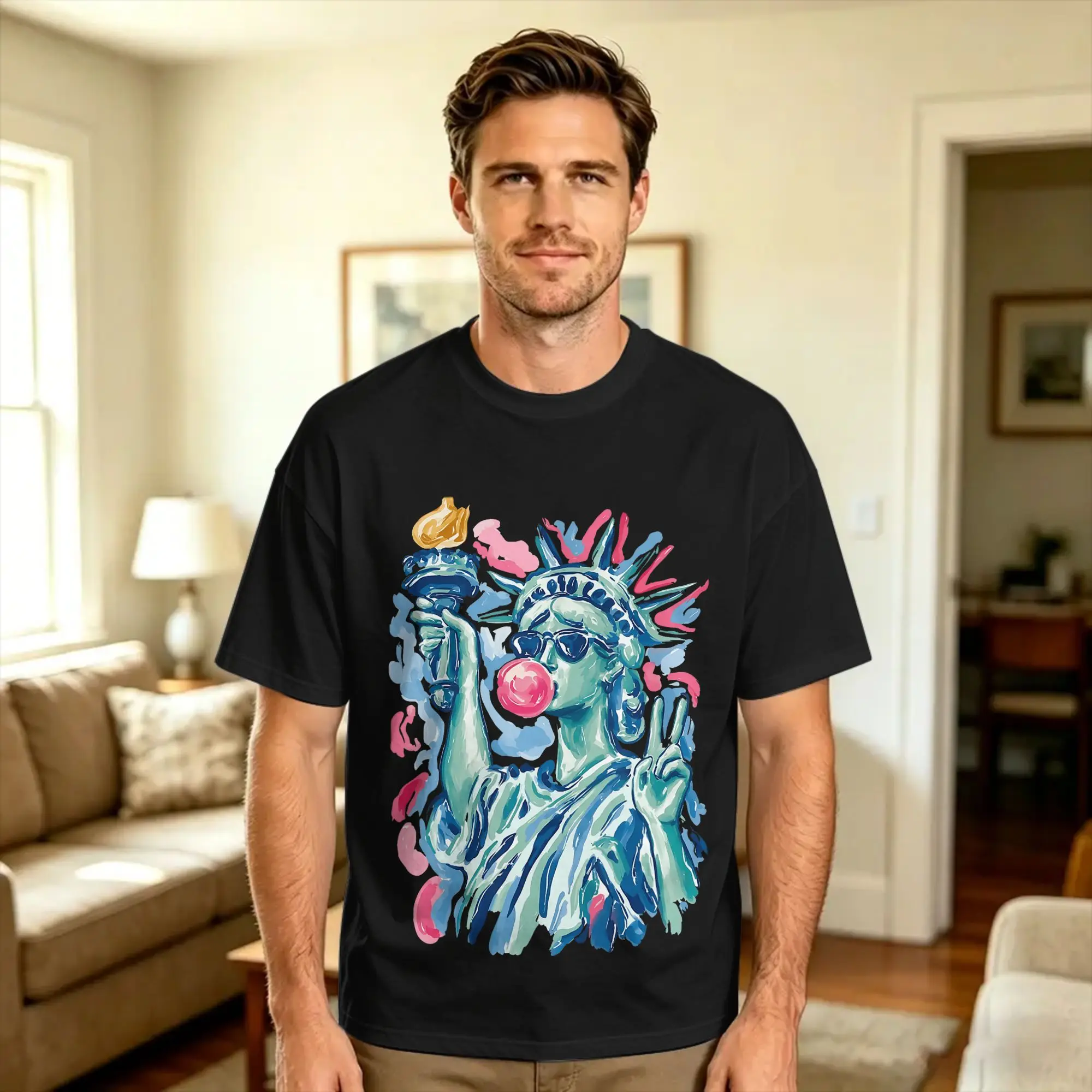 Brushstroke Statue of Liberty Blowing Bubble T-Shirt Summer  Leisure T Shirts 100 Cotton Breathable Oversize Tees Aesthetic Tops