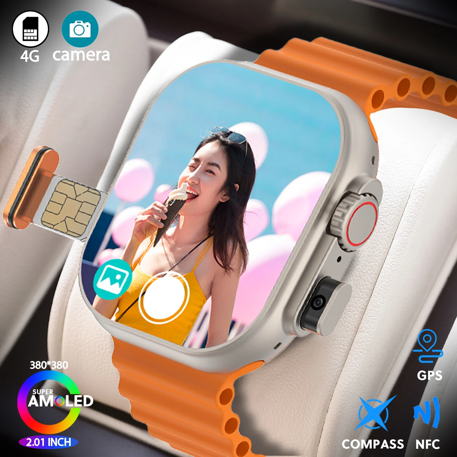 Smart Watch 4GSIM Card and Camera Video Call Whatsapp Notification AMOLED Screen Custom Dial Support NFC TWS Earphone Connection