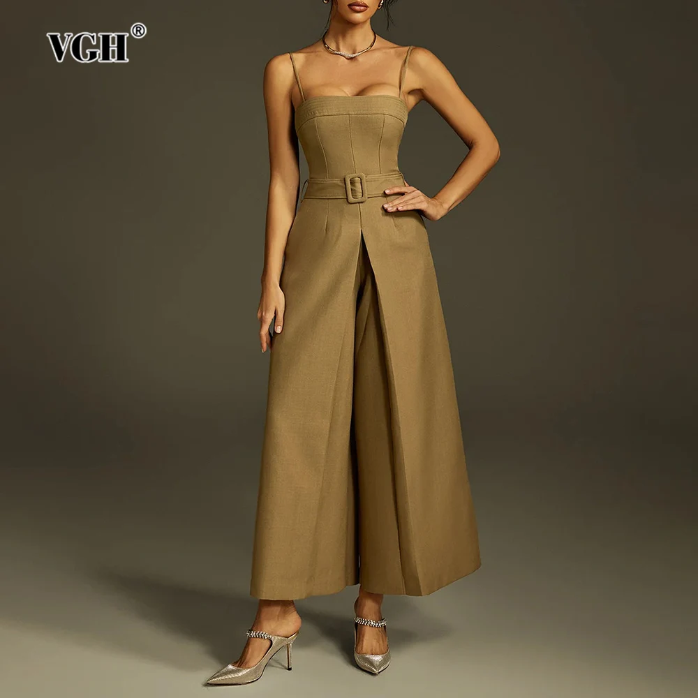 VGH 우아한 솔리드 슬리밍 점프 슈트 여성용 스퀘어 칼라 민소매 하이 웨이스트 스플라이스 벨트 캐주얼 통근 점프 슈트 여성