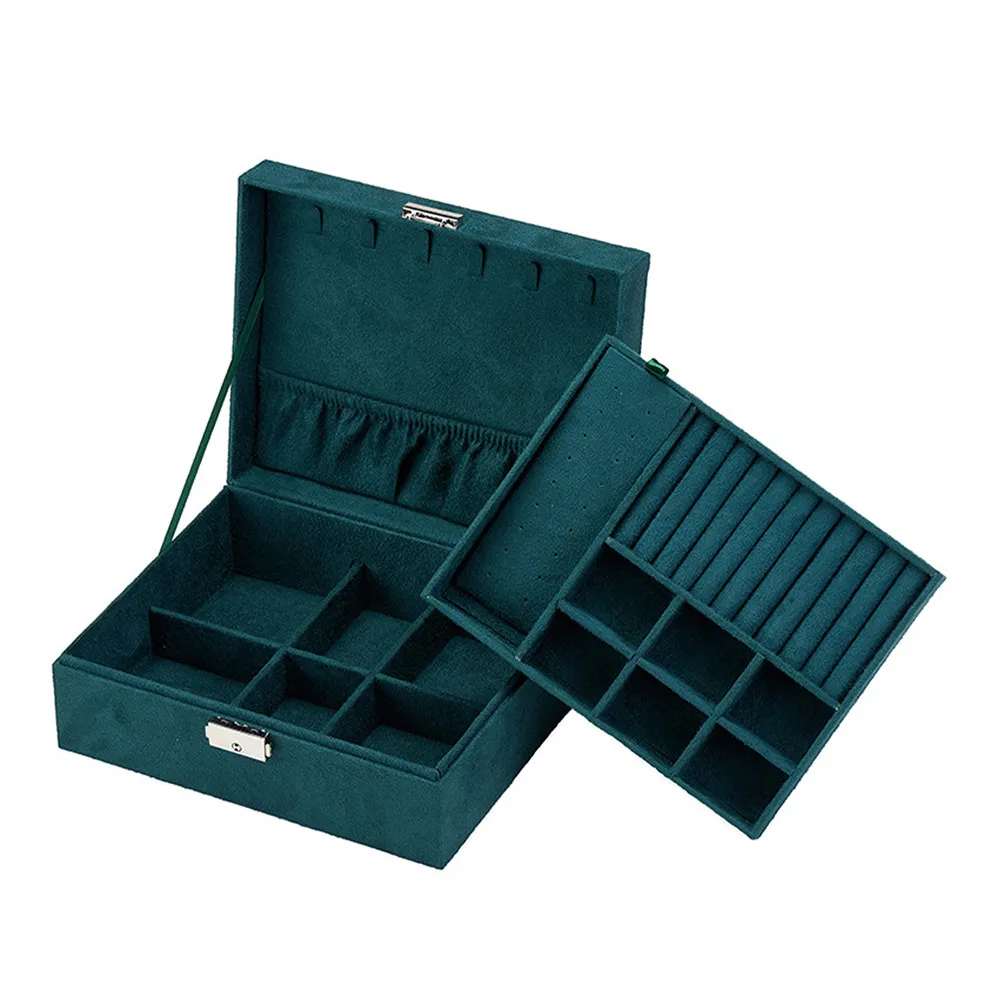 Portable Large Jewelry Organizer Box Double Layer Travel Storage Necklace Earrings Display Green