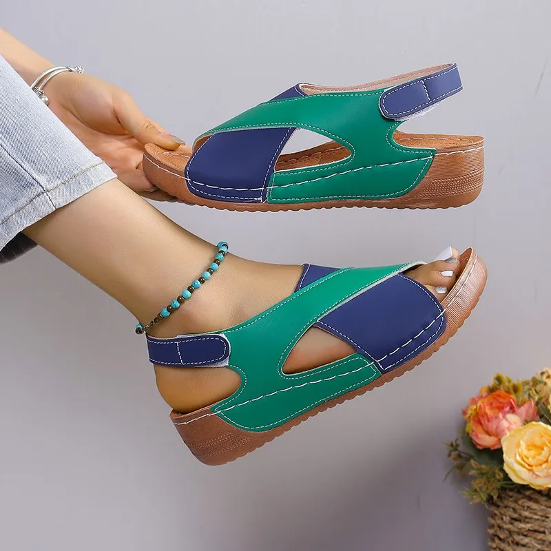 2024 New Fashion Women\'s Sandals Summer Retro Solid Color Thick Bottom Wedge Heel Open Toe Large Size Fish Mouth Sandals Zapatos