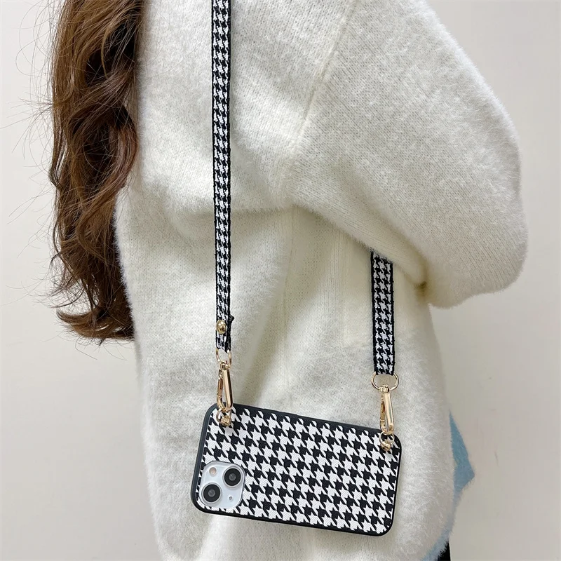 Fashion Crossbody Shoulder Strap Houndstooth Pattern Case for iPhone 14 Pro Max 13 Mini 12 11 X XR XS MAX 7 8 Plus Luxury Cover