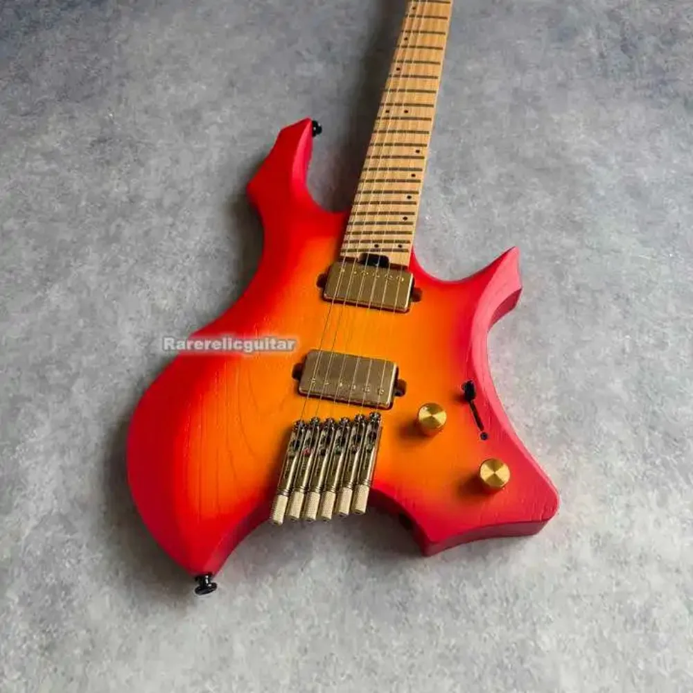 New Headless Red Electric Guitar Roasted Ash Body Roasted Maple Neck Stainless Steel Frets Dual Humbucker Pickups Brass Bridge
