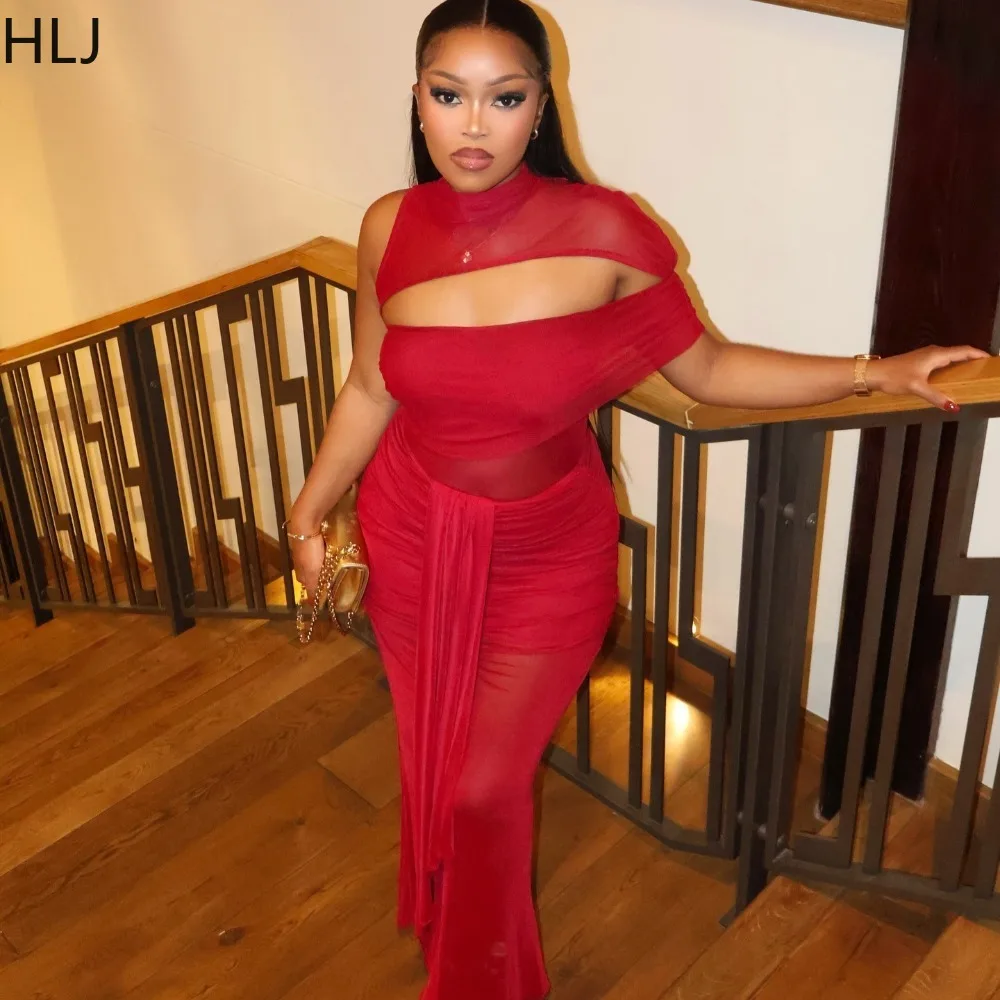 HLJ Sexy See Through Bodycon Long Dresses Women Mesh Irregular Ruched Patchwork Backless Dress Female Party Clubwear Vestidos