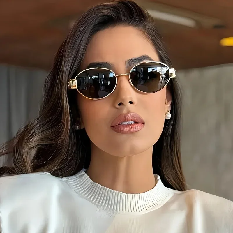 

New Oval Sunglasses for Women Men Trendy Metal Frame Sun Glasses Classic Shades