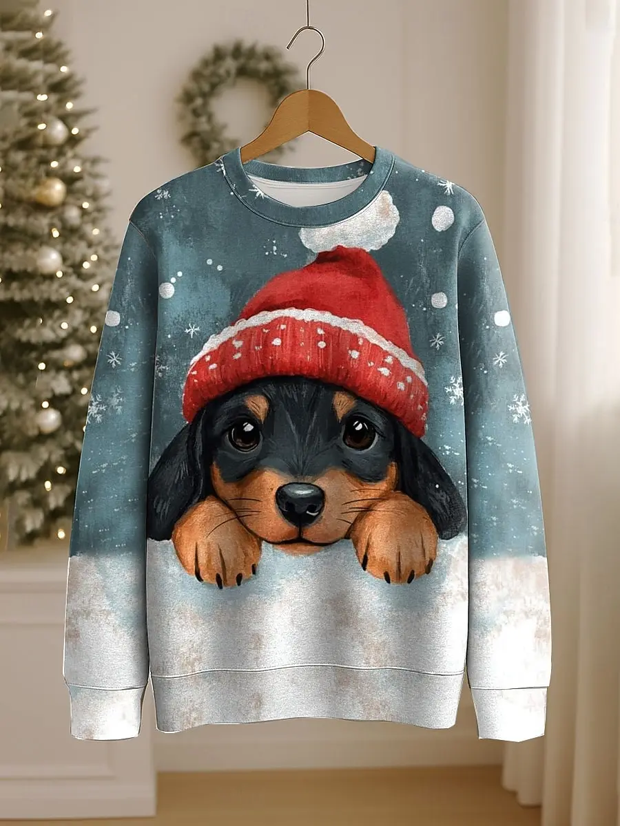 

Women's Christmas Animal Graphic O-Neck Sweatshirt 3D Print Cute Dogs Pattern Long Sleeve Clothes Loose Casual Autumn Winter Top