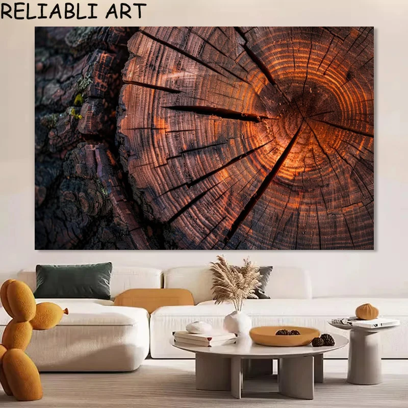 Tree rings old weathered wood texture with cross section of cut log canvas painting print, wall art poster, home decor, no frame