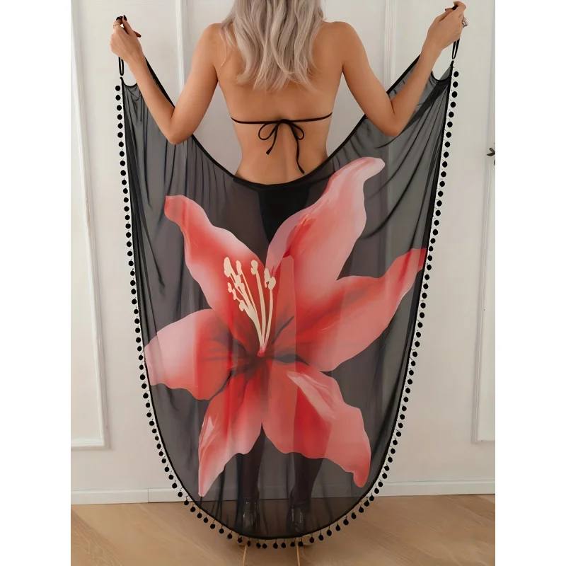 

Женское пляжное платье-накидка в стиле отдыха, разноцветное, с бахромой, без рукавов, средней длины.