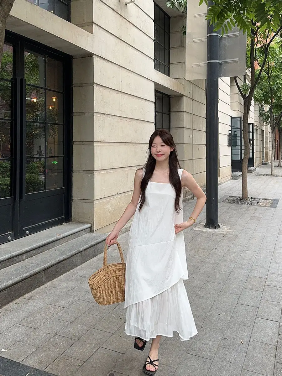 Damen Ärmelloses Weißes Midi-Kleid Locker Geschnittenes Mehrlagiges Rüschensaum-Kleid Lässiges Sommer-Strandkleid – Detail 8