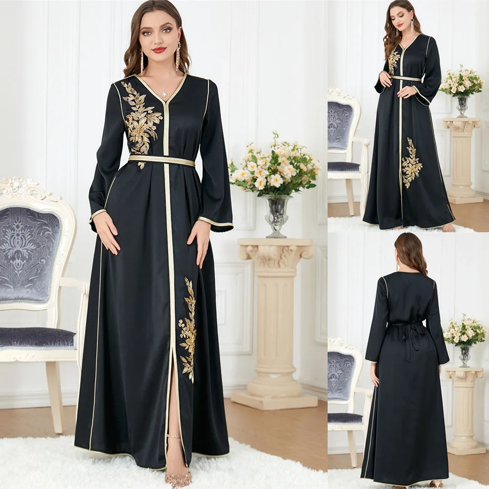 

Dresses For Muslim Women Beads Floral Embroidery V-Neck Long Sleeve Party Maxi Dress With Belt Elegant Moroccan Kaftan Turkey