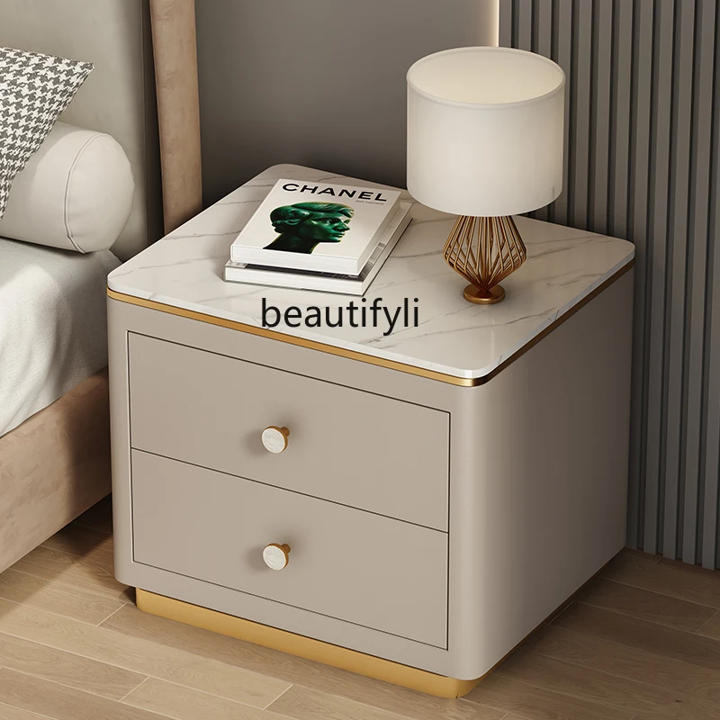 

All solid wood modern simple bedside table, rock slab leather bedroom, storage bedside cabinet
