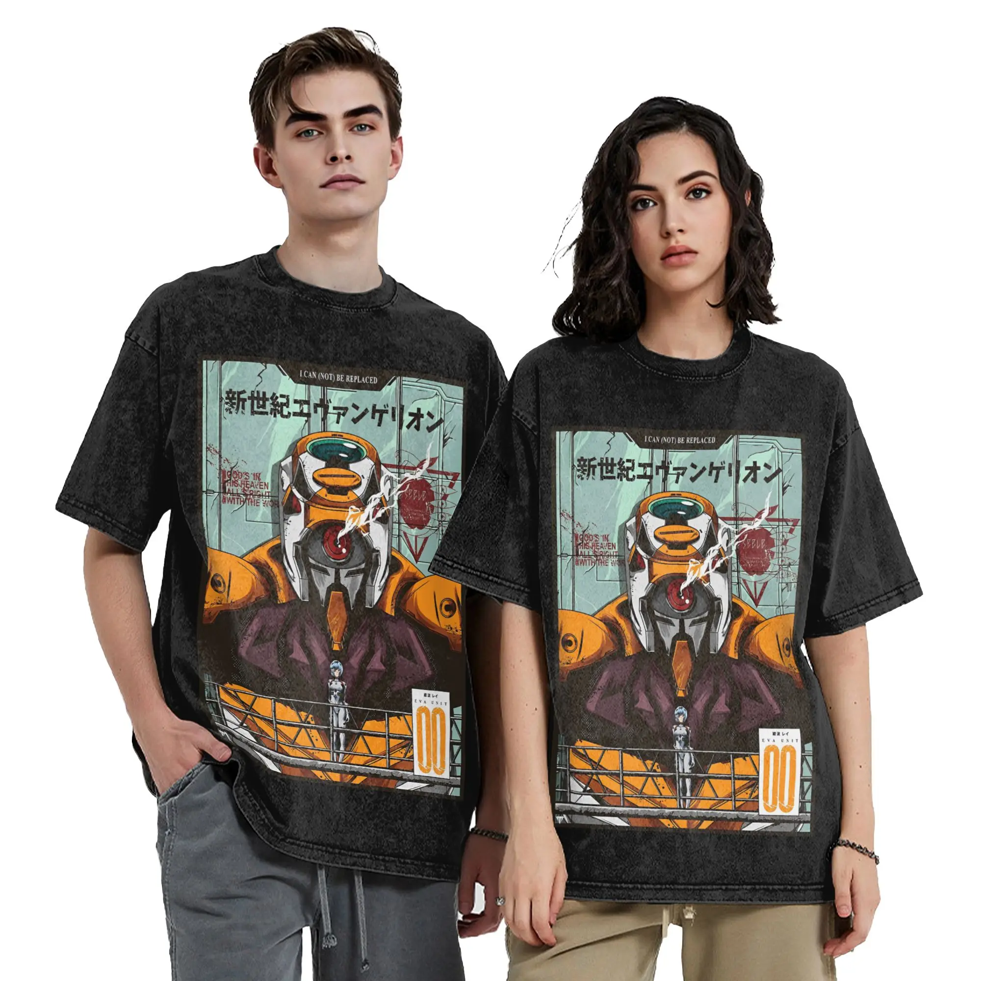 Unit 0 EVA Vintage Washed T Shirt Men Women's 100% Cotton Vintage T-Shirts Round Neck  Tees Short Sleeve Clothes Graphic Printed