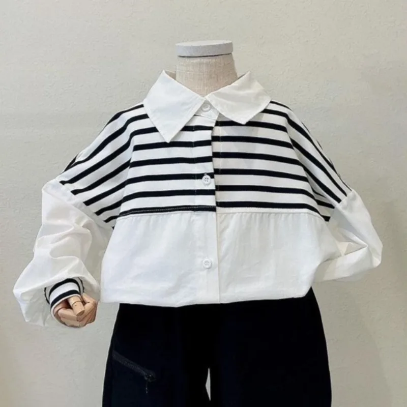 

Stylish Hong Kong Style Kids Long Sleeve Shirt Spring Autumn New Color Blocked Outerwear for Unisex Loose Thin Cotton Jacket