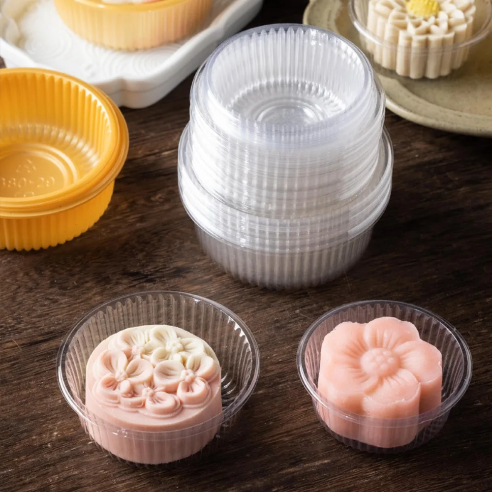 100pcs Round Mooncake Inner Tray Transparent/yellow Thickened Pastry Packaging Boxes Plastic Moon Cake Holder Cookie