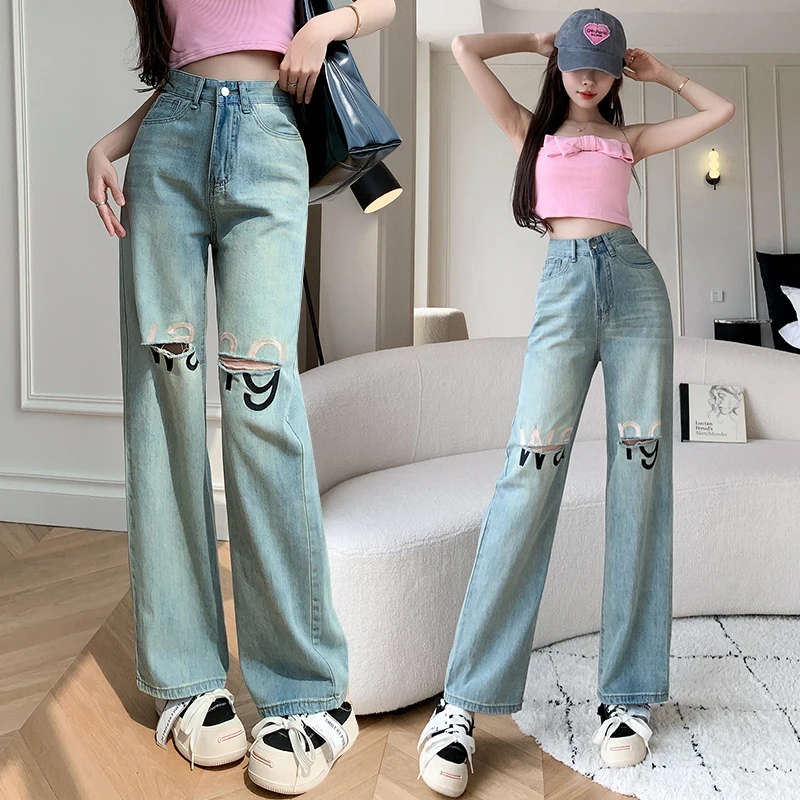Vintage Korean‑Style Women's Embroidered Contrast Letter Wide‑Leg Jeans, Trendy Y2K Hot Girl Ripped Floor‑Length Denim Trousers