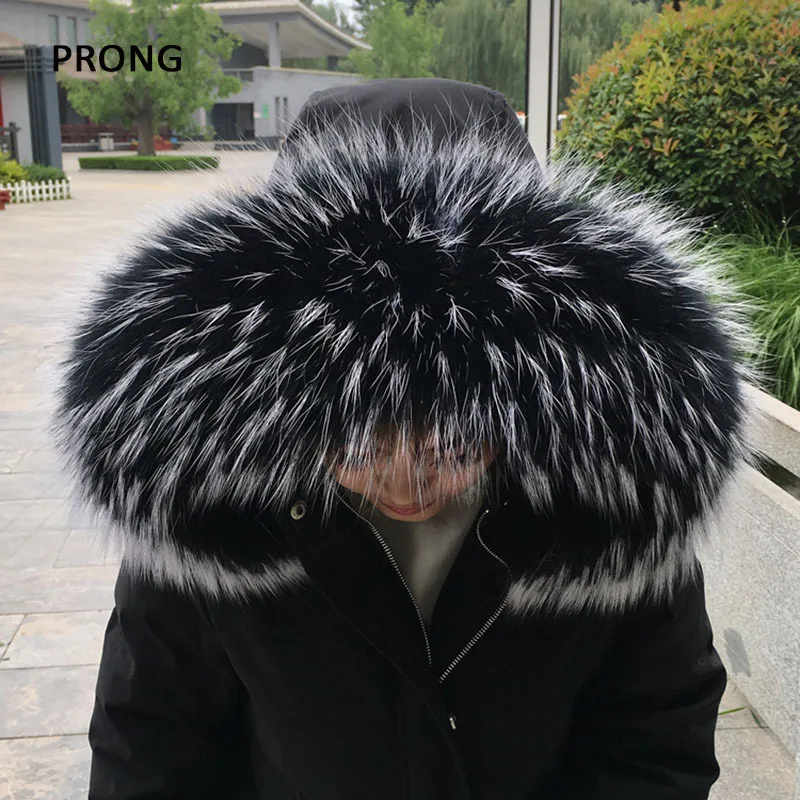 100% Real Fur Collar Natural Raccoon Fur Scarf Women Men Winter Parkas Coat Hood Fur Decor Collar Luxury Warm Large Fur Scarves