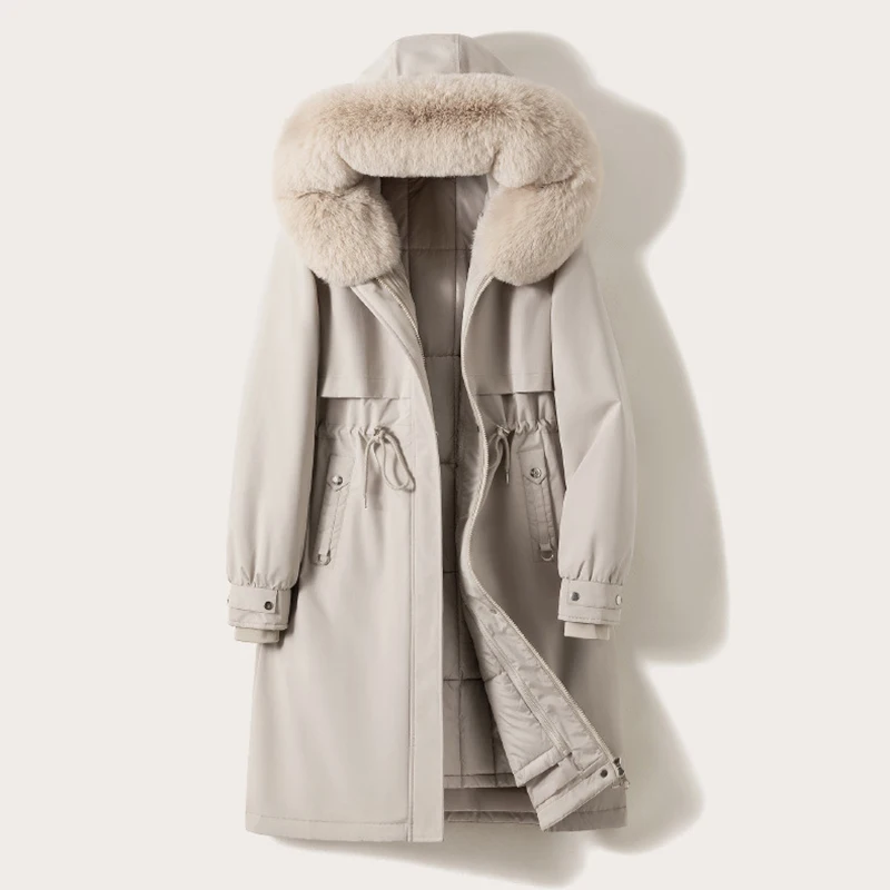 

Winter Wool Liner Hooded Jacket Fur Collar Warm Thick Snow Wear Oversize Padded Parka Women Loose Long Coat Parka Clothes