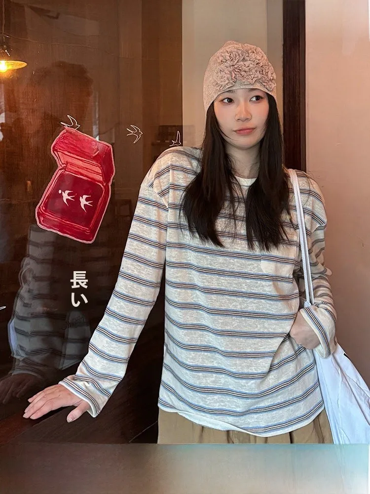 

Loose Casual Long Sleeve Knitted T-Shirt Women's Spring Season round Neck Stripe Color Block UV Protection Casual Style Top